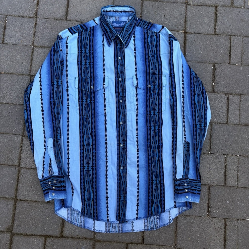 Wrangler Western Shirt Mens Med Aztec Cowboy Rodeo Pearl Snap Ranch Blue